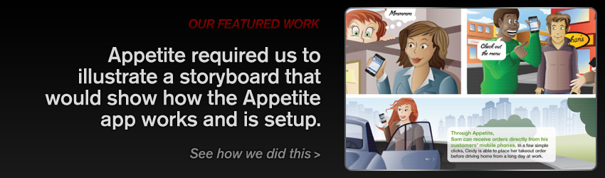 IN Creative Featured Work: Appetite required us to illustrate a storyboard that would show how the Appetite App works and is setup.